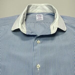 Brooks Brothers 1818 Shirt 15 33 Mens L/S Button Up Contrast Collar Blue Striped